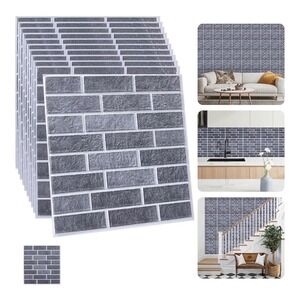 10 Pack Gray 3D Faux Brick Wall Panels Peel & Stick Waterproof‎ Foam Tiles 9.7sf